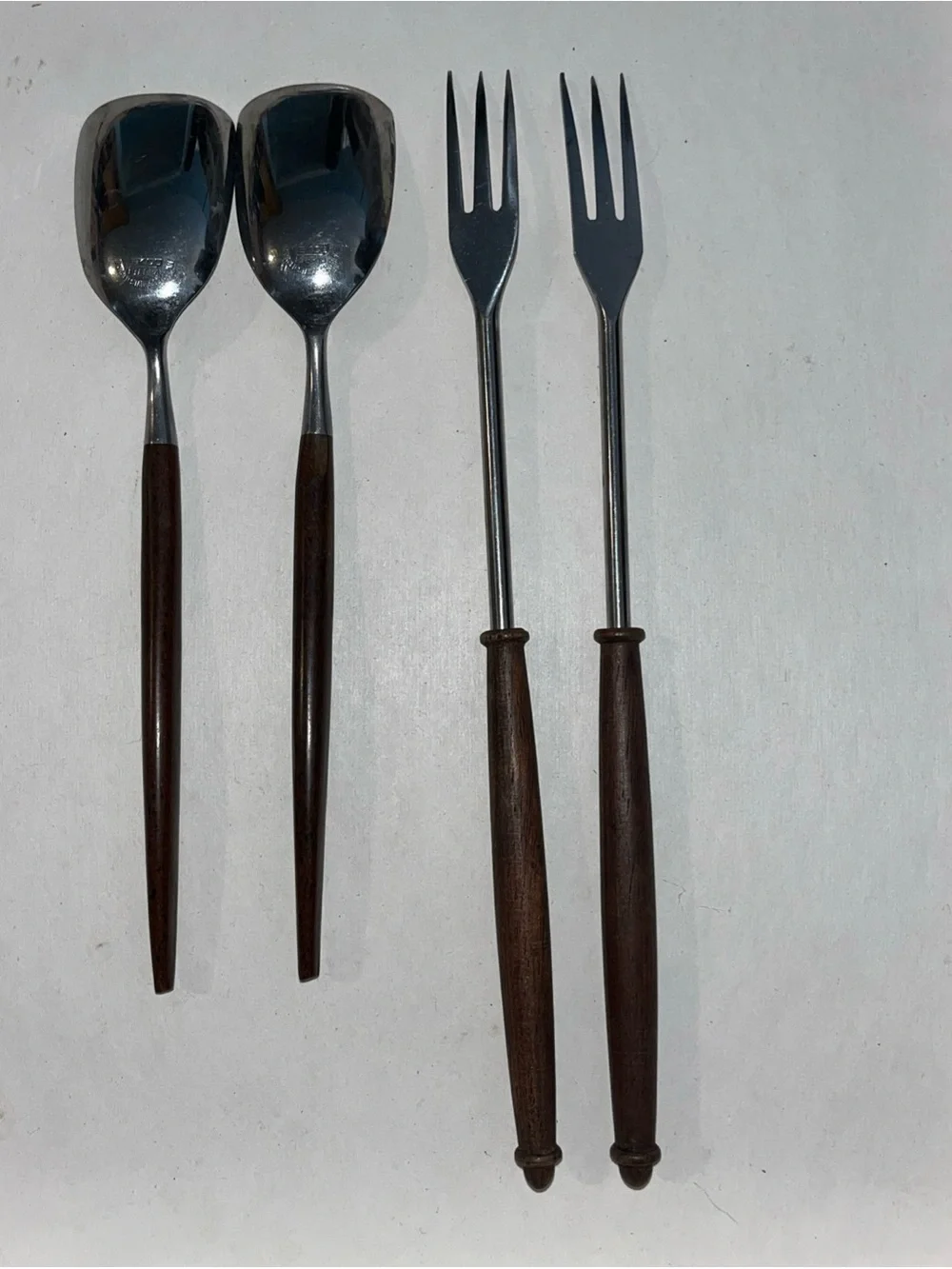 Vtg Ekco Eterna Canoe Muffin Japan Forged Stainless & Wood Flatware - 4 Pc Lot